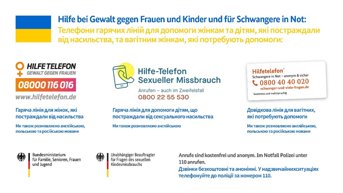 Hilfetelefon bei Gewalt gegen Frauen und Kinder und für Schwangere in Not