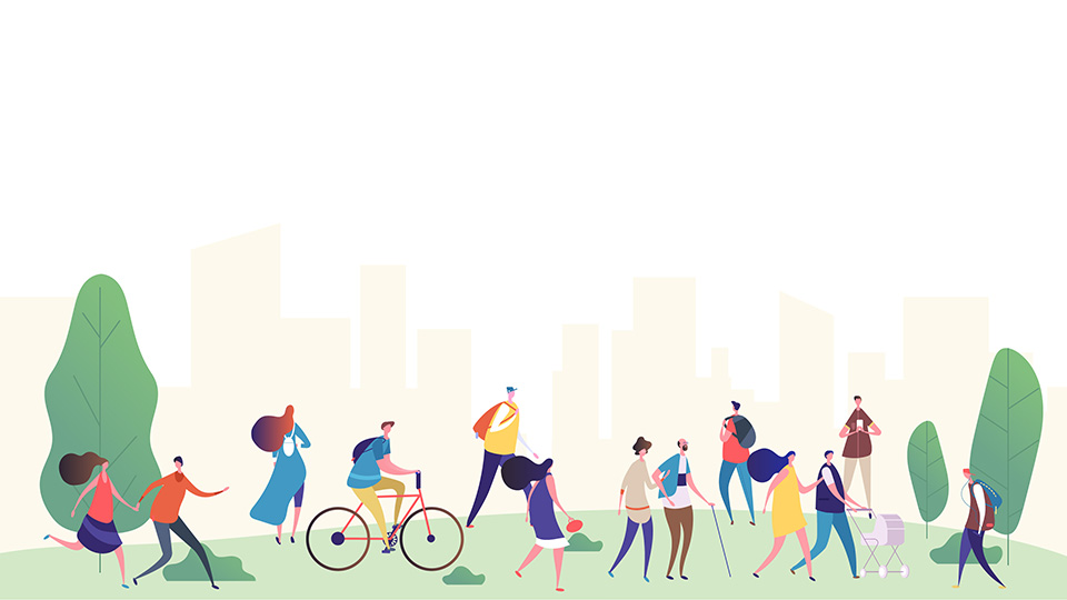 Illustration von diversen Menschen in einem Park.