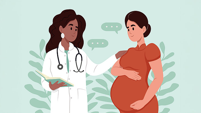 Illustration einer Ärztin die eine schwangere Frau berät