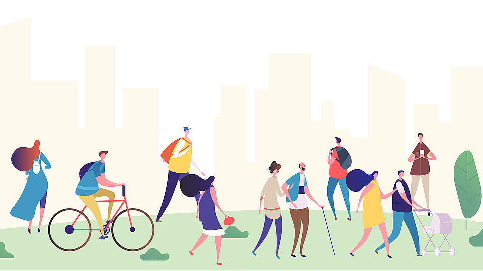 Illustration von Personen im Freien, Fahrradfahren, Picknicken, Spazieren
