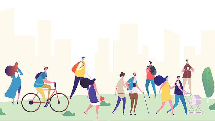 Illustration von Personen im Freien, Fahrradfahren, Picknicken, Spazieren