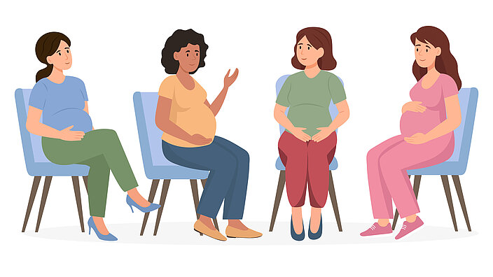 Illustration von 4 schwangeren Personen, sie sich miteinander unterhalten.