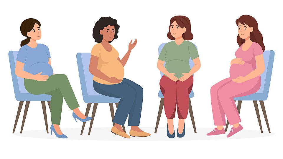 Illustration von 4 schwangeren Personen, sie sich miteinander unterhalten.