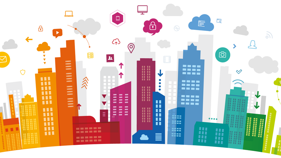 Bunte Skyline mit Icons zum Thema Smart City