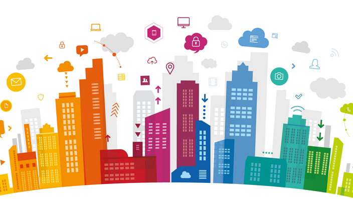 Bunte Skyline mit Icons zum Thema Smart City