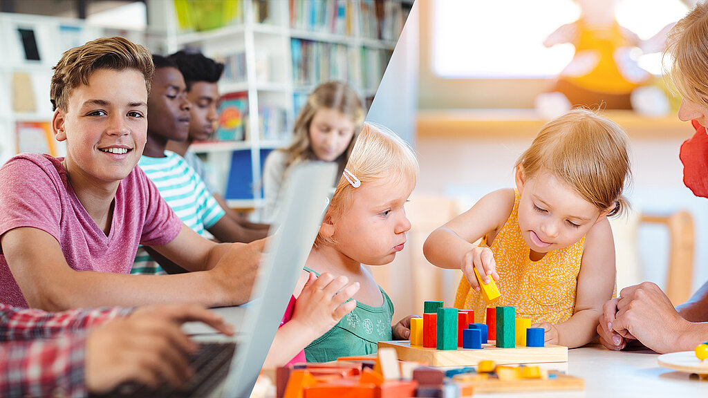 Junge und ältere Kinder beim spielen und lernen