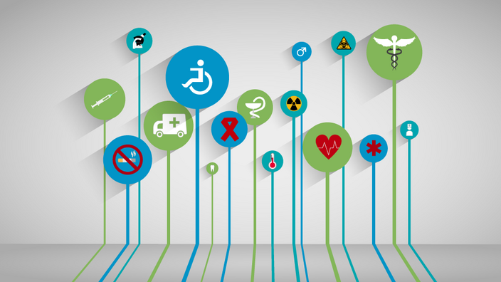 Verschiedene Symbole mit Gesundheitsbezug auf Kreisen in verschiedenen Größen