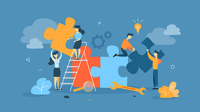 Illustration von Menschen die an einem gemeinsamen Projekt arbeiten
