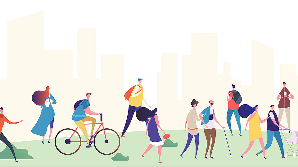 Illustration von diversen Menschen in einem Park, die unterschiedlichen Aktivitäten nachgehen.