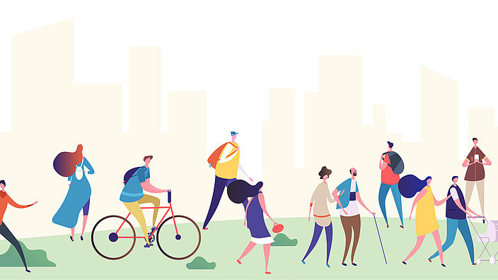 Illustration von diversen Menschen in einem Park, die unterschiedlichen Aktivitäten nachgehen.