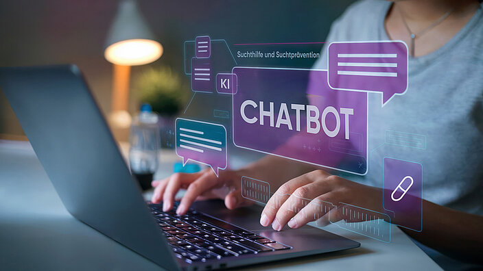 Ein KI-generiertes Bild von einer Frau die vor einem Laptop sitzt und tippt. Über der Laptoptastatur sind Sprechblasen zu sehen die einen Chatverlauf mit einem Bot suggerieren.