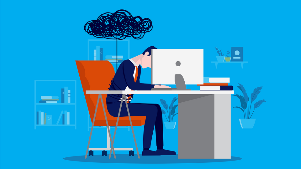 Home-Office-Depression – Geschäftsmann hat es satt, von zu Hause aus zu arbeiten, sich traurig und müde zu fühlen.